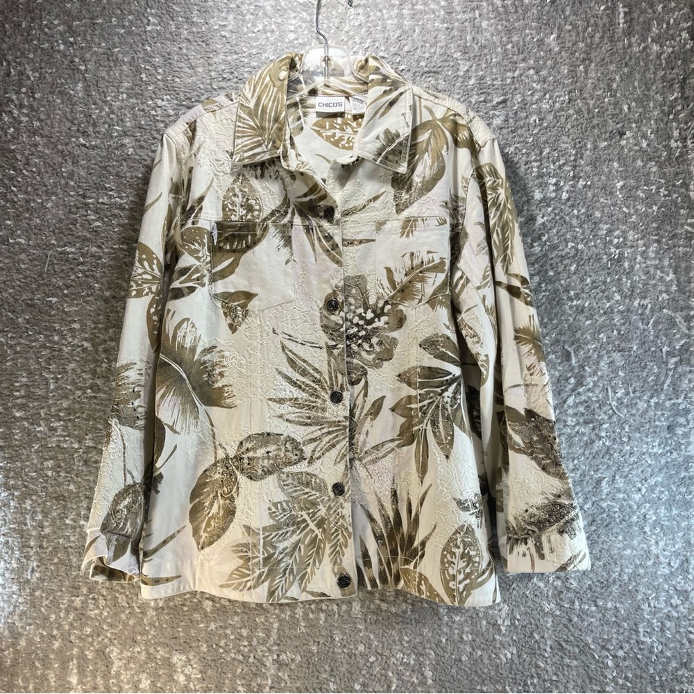 Chico's Women's Denim Jacket Size 2 Large Floral Embroidered White‎ Brown Cotton